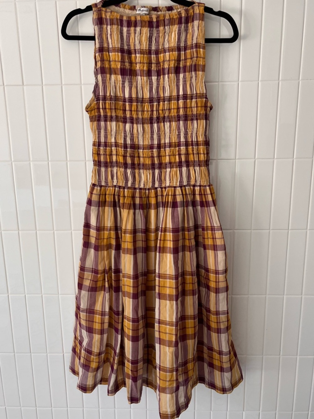 Madewell Smocked Plaid Midi Dress | XS | Mustard Burgundy Cotton